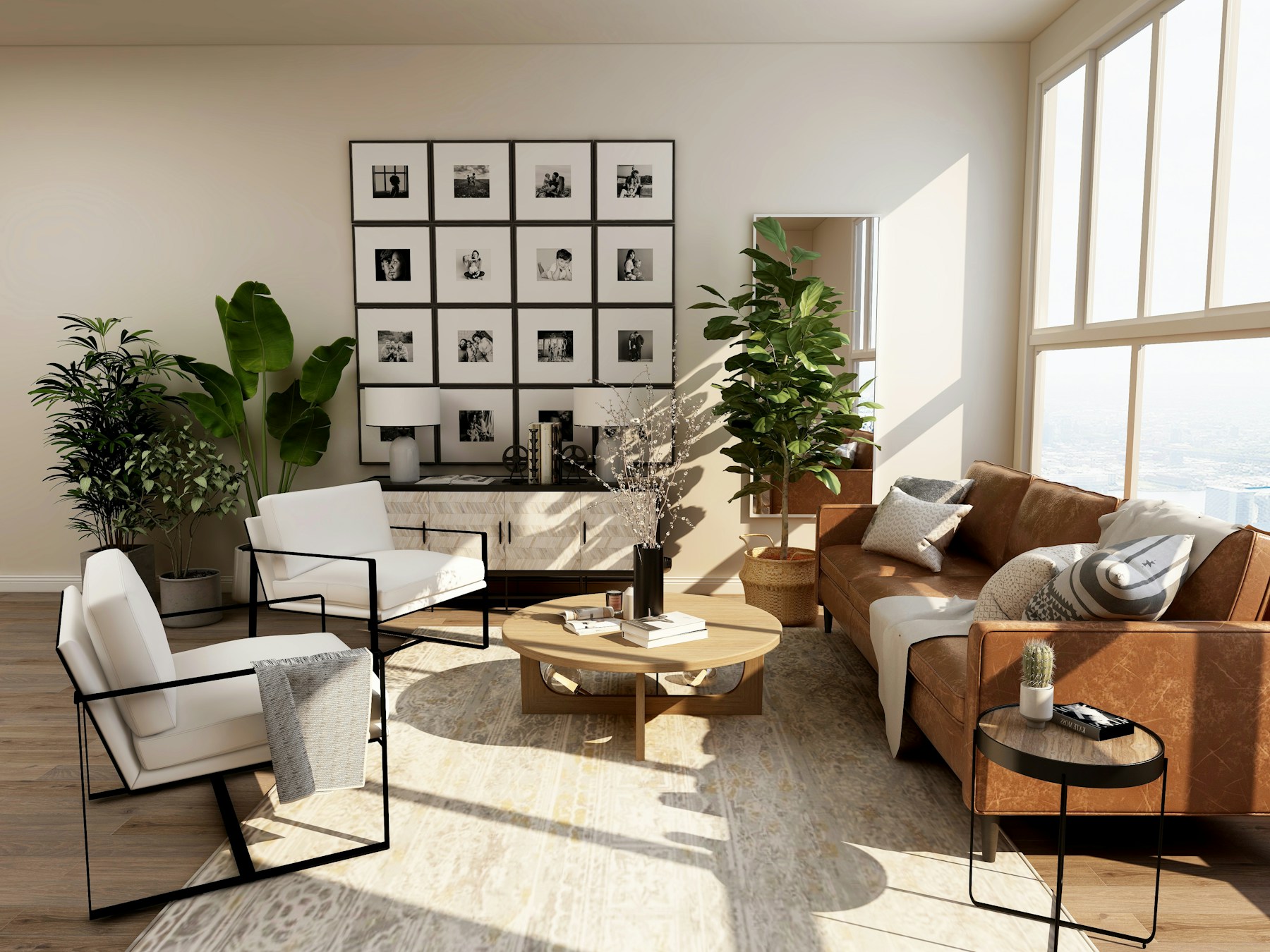 Warm living room with layered neutral furnishings and timber details
